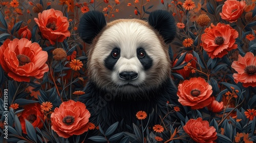 a painting of a panda in a field of flowers with red and orange flowers in the foreground and a black and white panda in the background. photo