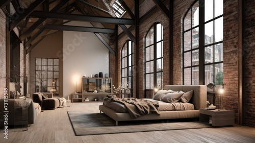 a luxurious bedroom in loft style with a mockup frame.