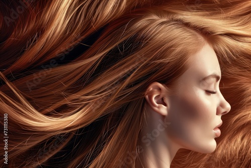 close up of a woman with shiny, healthy ginger red hair - ai-generated