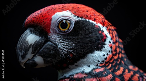 a close up of a red and black parrot's face with yellow and white spots on it's feathers. photo