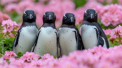 a group of three penguins standing next to each other in a field of flowers with pink flowers in the background. photo