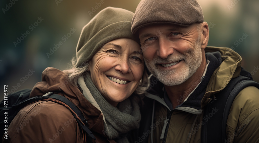 Un couple senior, heureux, amoureux, en randonnée, une journée d'hiver
