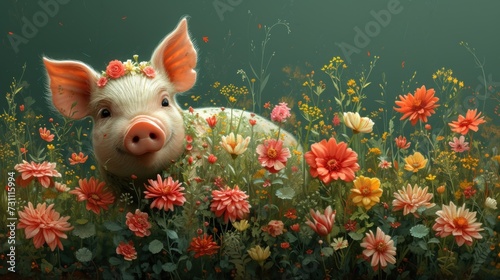 a painting of a pig in a field of flowers with a flower crown on it's head looking at the camera. photo