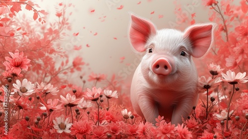 a pig standing in the middle of a field of pink and white flowers with a pink sky in the background.