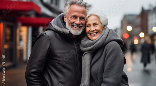 Un couple senior, heureux, amoureux, dans un centre ville.