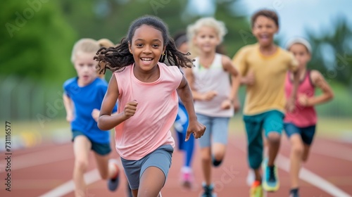 Happy diverse group of athletic children running on tracks with energy, Concept of sport, fitness, achievements, studying, competition. © JW Studio