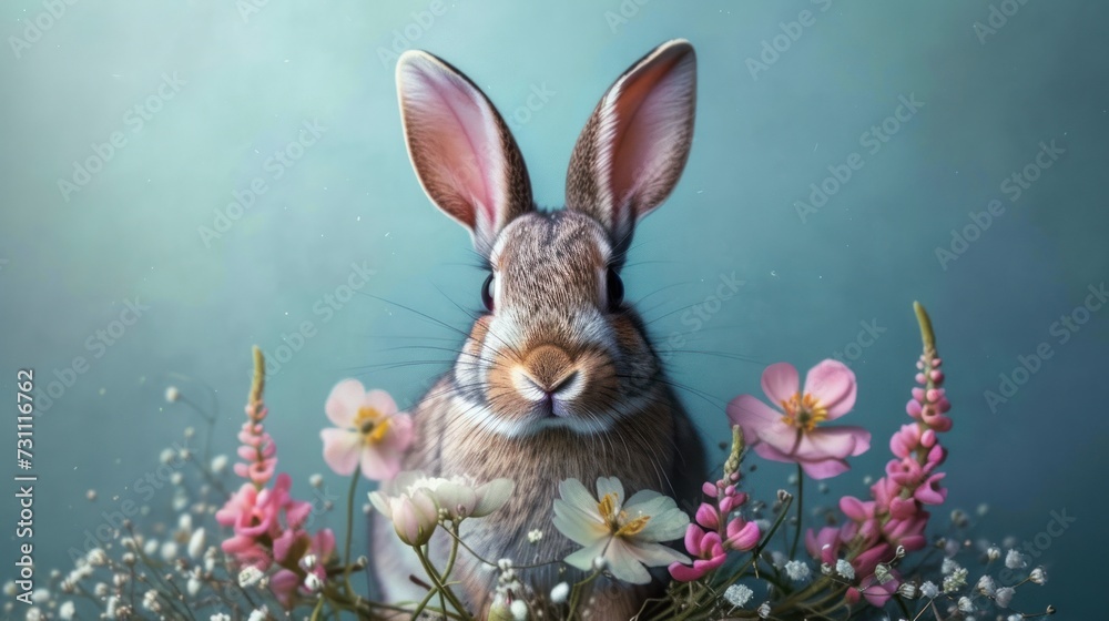 a painting of a rabbit sitting in a field of flowers with pink and white flowers in front of a blue background. a painting of a rabbit sitting in a field of flowers with pink and white flowers in front of a blue background.