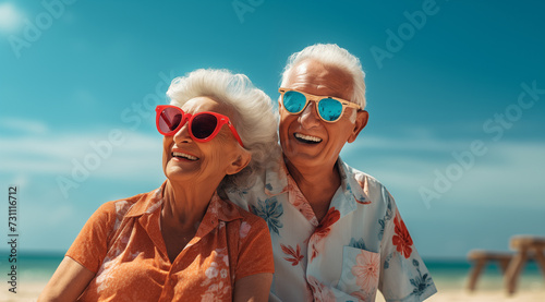 Un couple senior, amoureux, avec des lunettes de soleil, sur une plage sous un beau ciel bleu d'été. © David Giraud