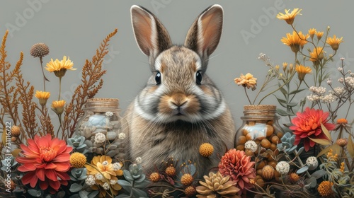 a painting of a rabbit sitting in a field of flowers with jars in the foreground and flowers in the background.