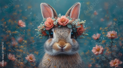 a painting of a rabbit with a flower crown on it's head and flowers in it's ears.