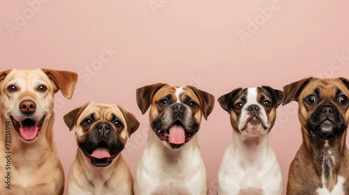lineup of five adorable puppies with a plain background, each displaying a unique expression.
