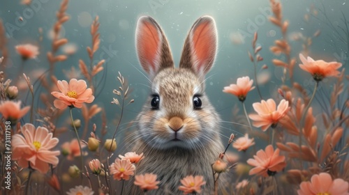 a close up of a rabbit in a field of flowers with flowers in the foreground and a blue sky in the background.
