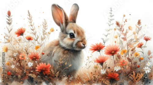 a watercolor painting of a rabbit in a field of daisies and wildflowers with a white background. photo