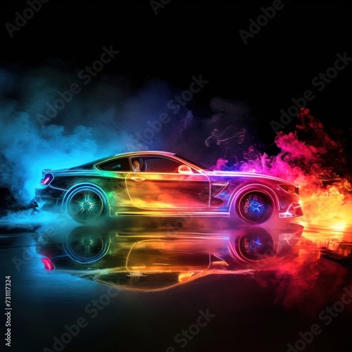 Metallic sports car with colorful colorful texture drifting emitting colorful exhaust fumes on dark background, great for automotive, repair shop, advertising, web etc. Generative Ai