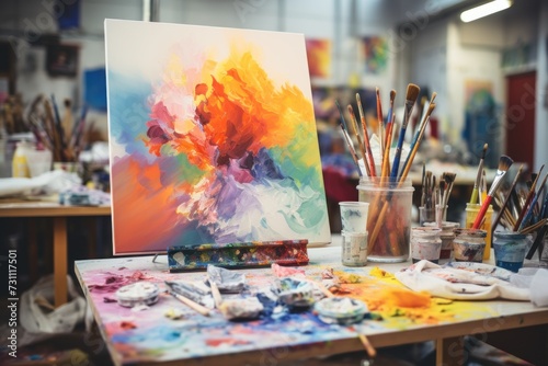 Vibrant abstract painting on easel in bright art studio