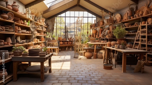 Cozy pottery studio with finished ceramic pots and tools