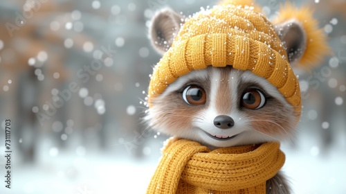 a close up of a raccoon wearing a knitted hat and scarf with a scarf around its neck. photo