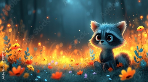 a cute little racoon sitting in the middle of a field of flowers with a fire in the background.