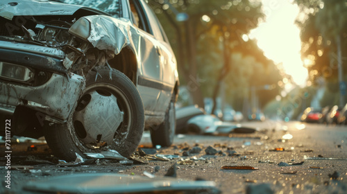 Damaged silver car with a dented door and shattered front section, indicating a recent car accident on a sunlit road with debris scattered around. photo