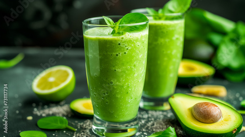 Green smoothies with fresh basil leaves, avocado slices, and halved limes on a dark surface. 
