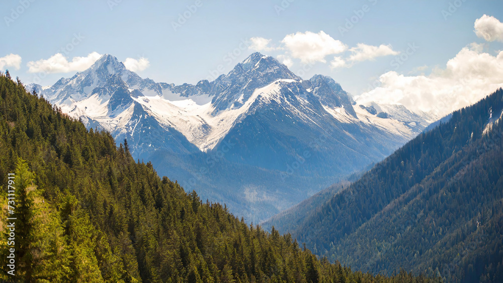 Stunning landscape of snow-capped mountains and blue sky