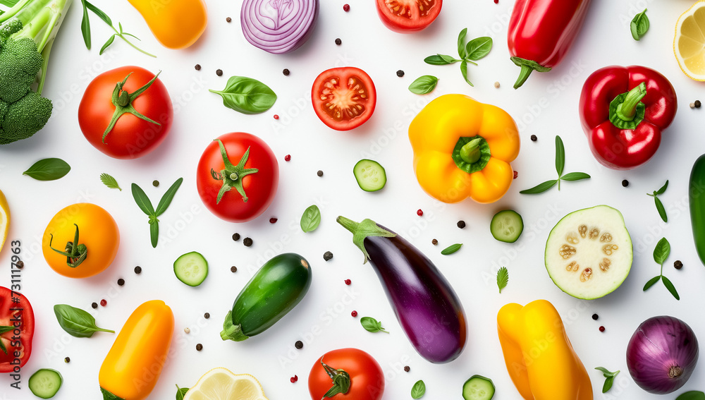 custom made wallpaper toronto digitalAn assortment of fresh vegetables and herbs is meticulously arranged on a white background. Bell peppers, tomatoes, onions, cucumber, eggplant, broccoli, basil leaves, and lemon slices create a vibran