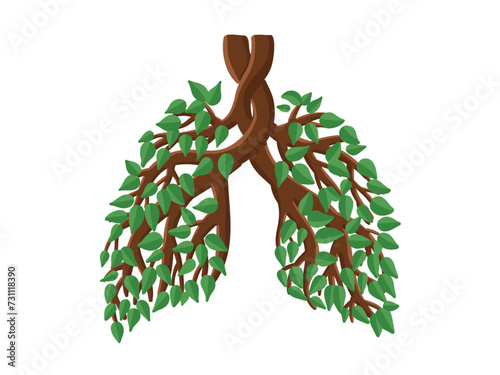 Green human lungs are made from tree branches with leaves on white background. Smoking free or Healthy lungs concept.   