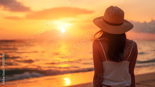 Seaside Serenity: Woman in Beach Hat by the Ocean. Summer concept
