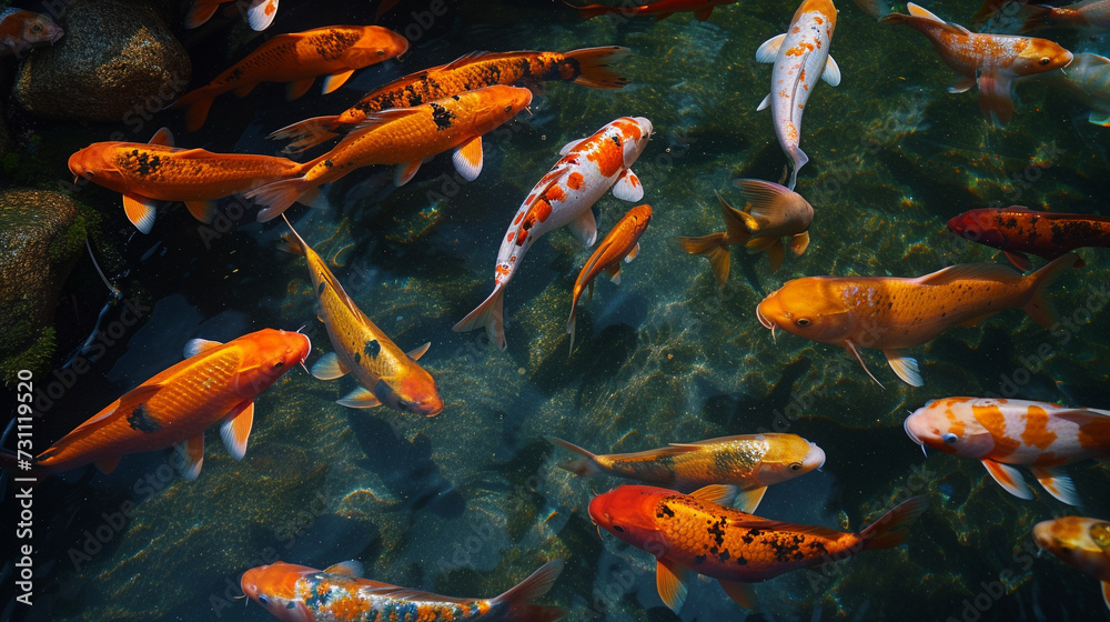 koi fish in pond. Decorative underwater fishes in nishikigoi, Asian, Japan koi fish in pond. Decorative underwater fishes in nishikigoi, Asian, Japan