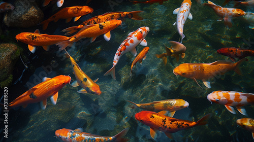 koi fish in pond. Decorative underwater fishes in nishikigoi, Asian, Japan
