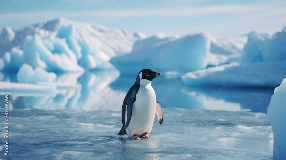 Naklejka premium Penguin Standing on Ice in Front of Icebergs