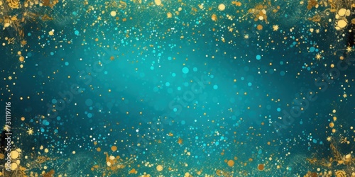 turquoise blue golden blank frame background with confetti glitter and sparkles