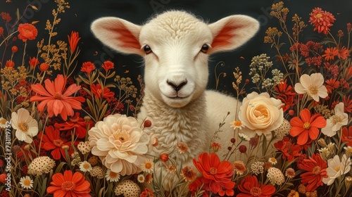 a close up of a sheep in a field of flowers with red, white, and yellow flowers in the background. photo