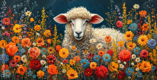 a painting of a sheep standing in a field of flowers with a blue sky in the background and a blue sky in the background.