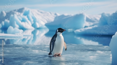 Penguin Standing on Ice in Front of Icebergs