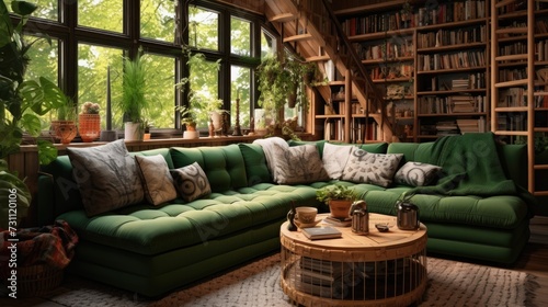 Cozy living room has a big, comfy, green couch. © Vusal