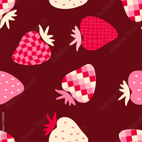 Groovy style strawberries vector seamless pattern. Aesthetic print for fabric, paper, textile. Hand drawn illustration.