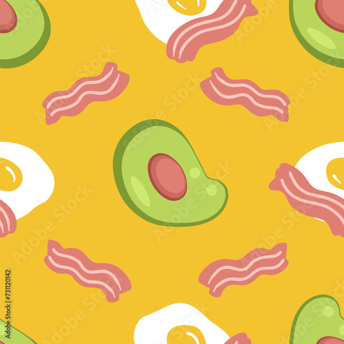Yummy Trio seamless pattern with fried eggs, avocado and roasted bacon slices. Food background for any purposes. Hand drawn vector illustration.