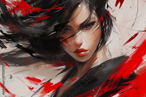 portrait female samurai in black and red paint