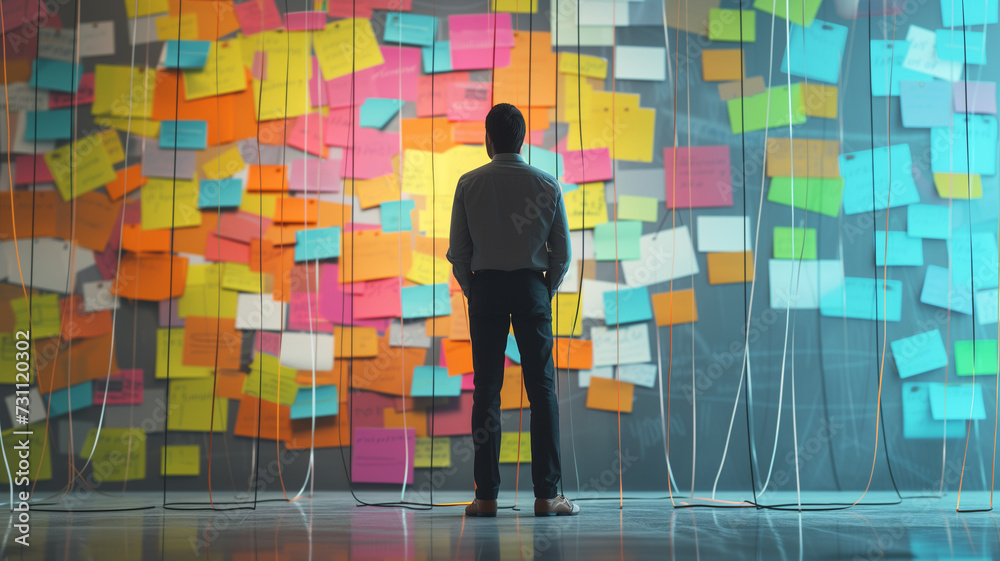 A lone entrepreneur standing before a large wall covered in sticky notes and connecting lines, plotting out a complex business strategy. A lone entrepreneur standing before a large wall covered in sticky notes and connecting lines, plotting out a complex business strategy.