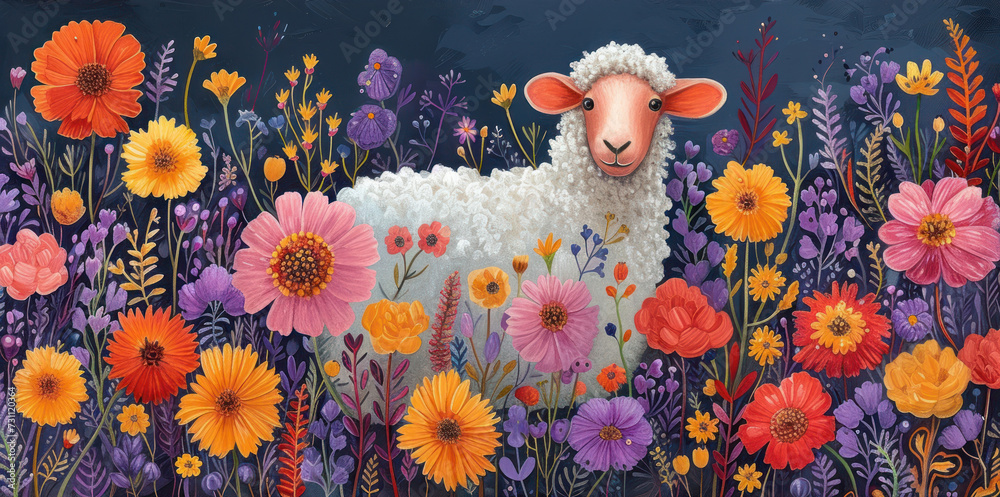 a painting of a sheep in a field of wildflowers with a dark blue sky in the back ground.
