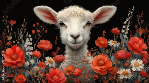 a painting of a sheep standing in a field of flowers with red and white flowers in the foreground and a black background. photo