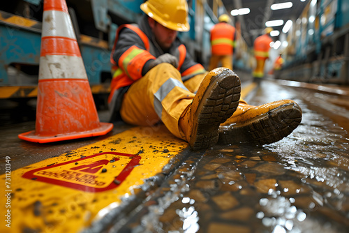 A construction worker experiencing a slip-and-fall accident on a wet floor at a construction site, with a caution sign nearby The focus is on the fallen worker and the immediate danger Colors