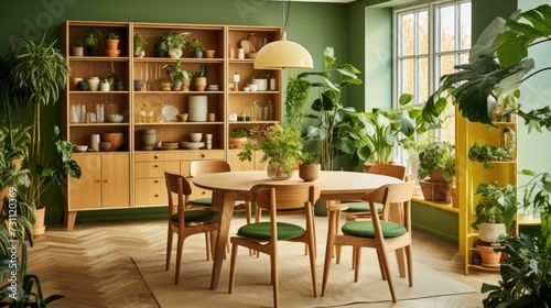 a Scandinavian dining room with wooden furniture and plants on a green background.