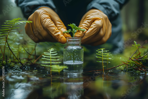 Forest water and hands of environmentalist test sample for research or inspection of the ecosystem and environment study Science sustainable and professional scientist doing agriculture exam photo