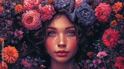 a painting of a woman with flowers on her head and freckles of flowers on her hair, with a freckle of freckles on her face.