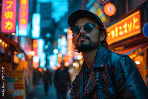 Hipster handsome man on the city streets being illuminated by neon signs. He is wearing leather biker jacket or asymmetric zip jacket with black cap, jeans and sunglasses