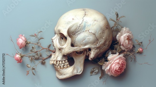 a fake human skull with flowers on a blue background with a light blue back ground and a light blue back ground. photo