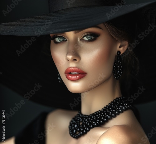 Woman Wearing Black Hat and Black Dress