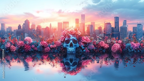 a painting of a skull with flowers in the foreground and a cityscape in the background with skyscrapers in the distance. #731120994